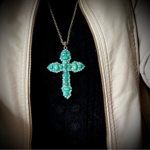 Long SilverTone Turquoise Cross Pendant Necklace Western Boho Statement Gift